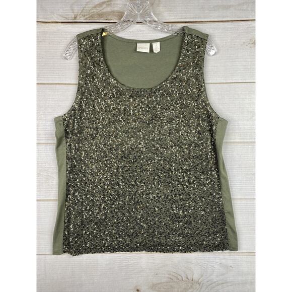 Chico's Tank Top Sz 2 Women L Green Sequins Front Sleeveless Party Lined Stretch - Picture 1 of 11